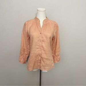 Loeffler Randall Top 100% Linen Mandarin Split Neck Puff 3/4 Sleeve Crocheted